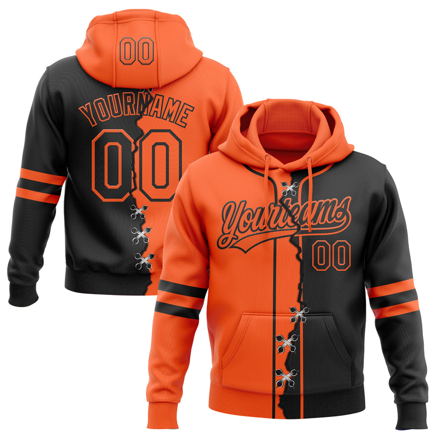 Custom Black Orange Split Ripped Pattern Baseball Pullover Sweatshirt Hoodie