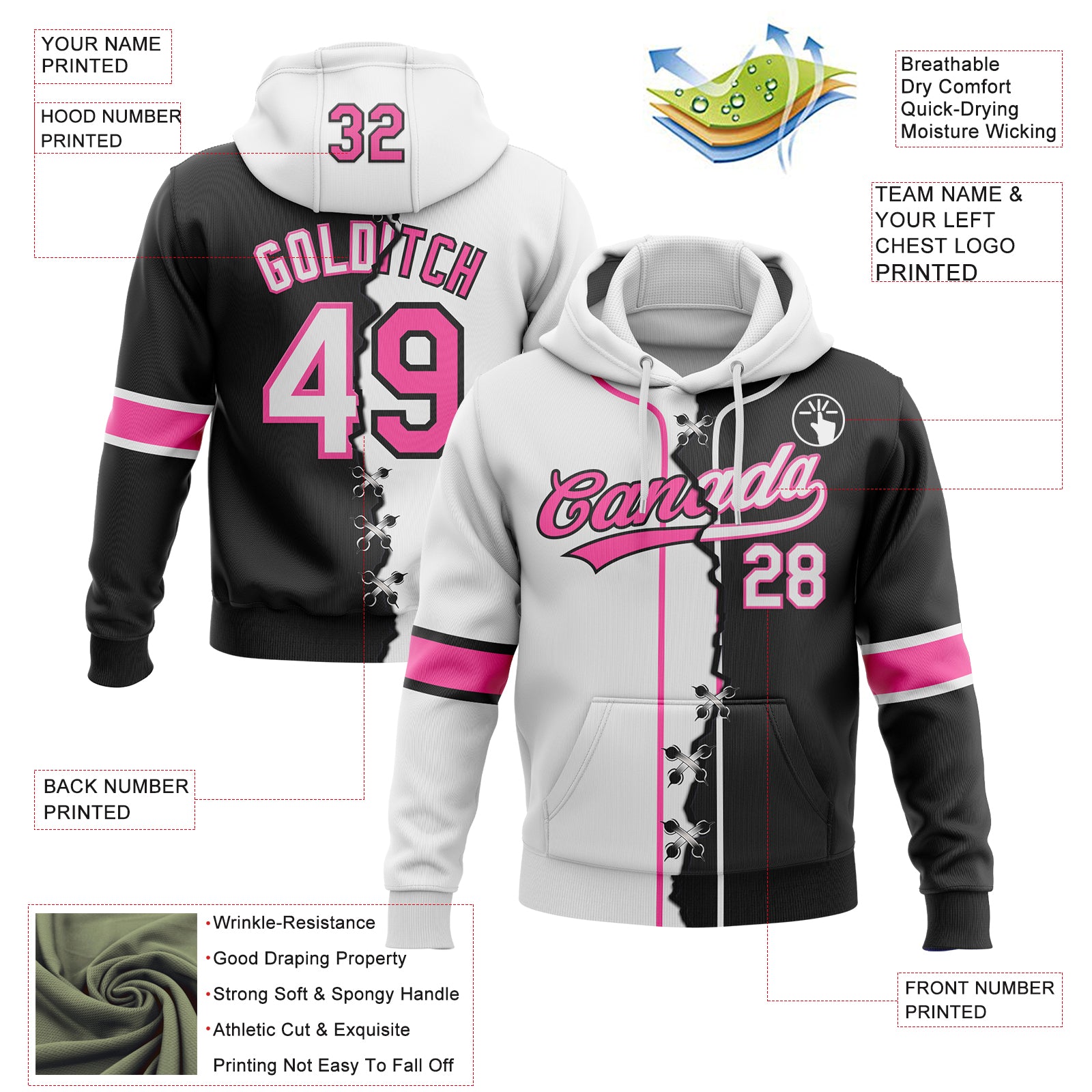 Custom Black Whte-Pink Split Ripped Pattern Baseball Pullover Sweatshirt Hoodie