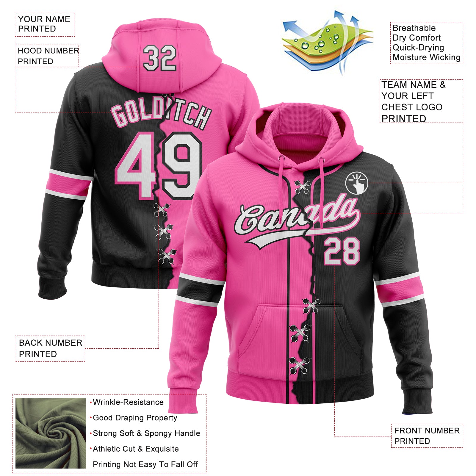 Custom Black Whte-Pink Split Ripped Pattern Baseball Pullover Sweatshirt Hoodie