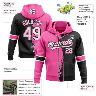 Custom Black Whte-Pink Split Ripped Pattern Baseball Pullover Sweatshirt Hoodie