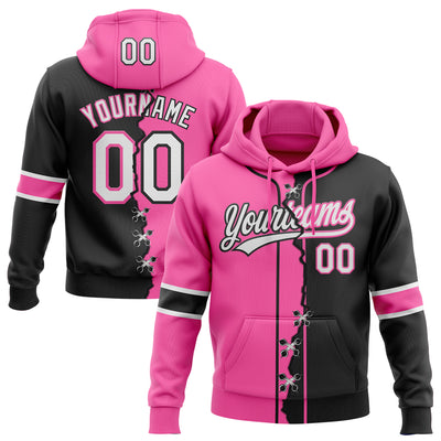 Custom Black Whte-Pink Split Ripped Pattern Baseball Pullover Sweatshirt Hoodie