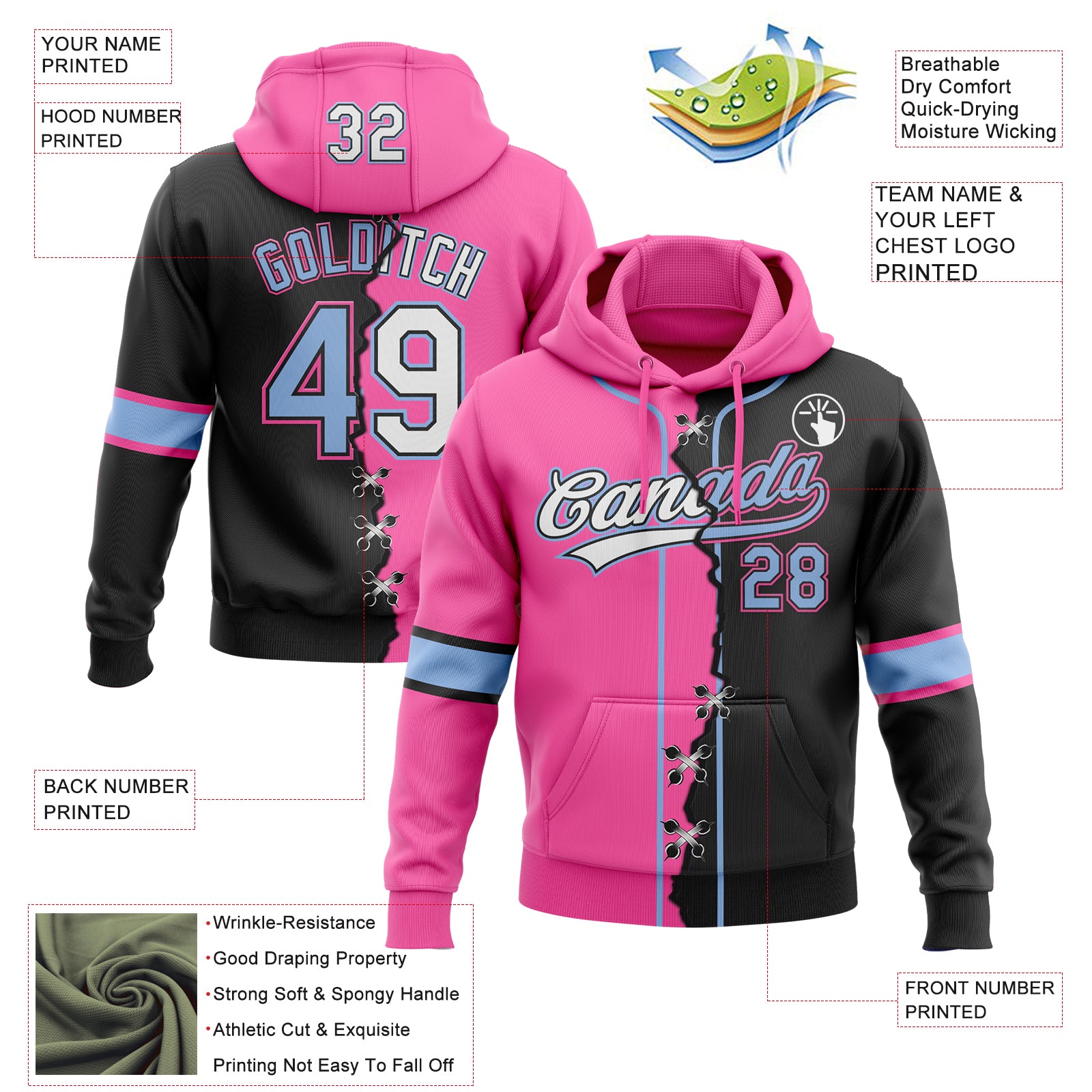 Custom Black Light Blue Pink-Whte Split Ripped Pattern Baseball Pullover Sweatshirt Hoodie