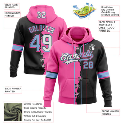 Custom Black Light Blue Pink-Whte Split Ripped Pattern Baseball Pullover Sweatshirt Hoodie