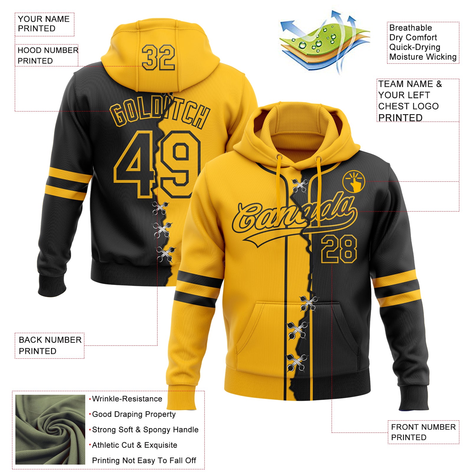 Custom Black Gold Split Ripped Pattern Baseball Pullover Sweatshirt Hoodie