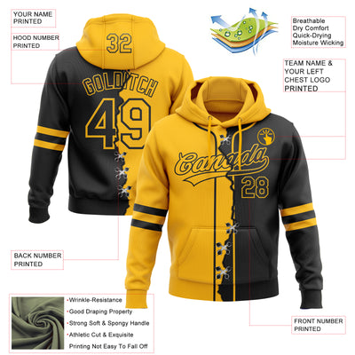 Custom Black Gold Split Ripped Pattern Baseball Pullover Sweatshirt Hoodie