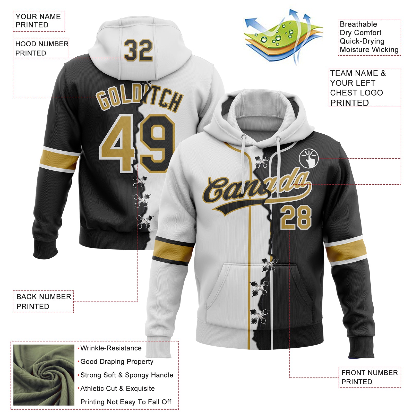 Custom Black Old Gold-White Split Ripped Pattern Baseball Pullover Sweatshirt Hoodie