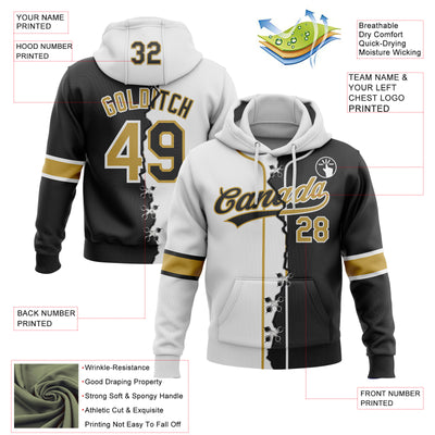 Custom Black Old Gold-White Split Ripped Pattern Baseball Pullover Sweatshirt Hoodie