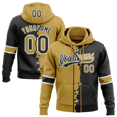 Custom Black Old Gold-White Split Ripped Pattern Baseball Pullover Sweatshirt Hoodie