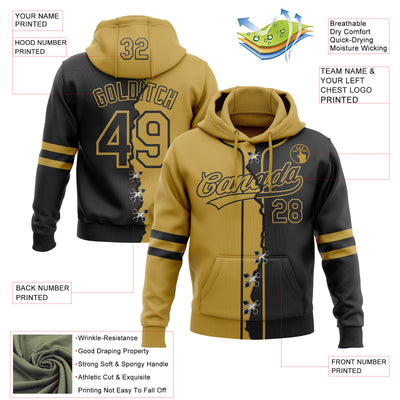 Custom Black Old Gold Split Ripped Pattern Baseball Pullover Sweatshirt Hoodie