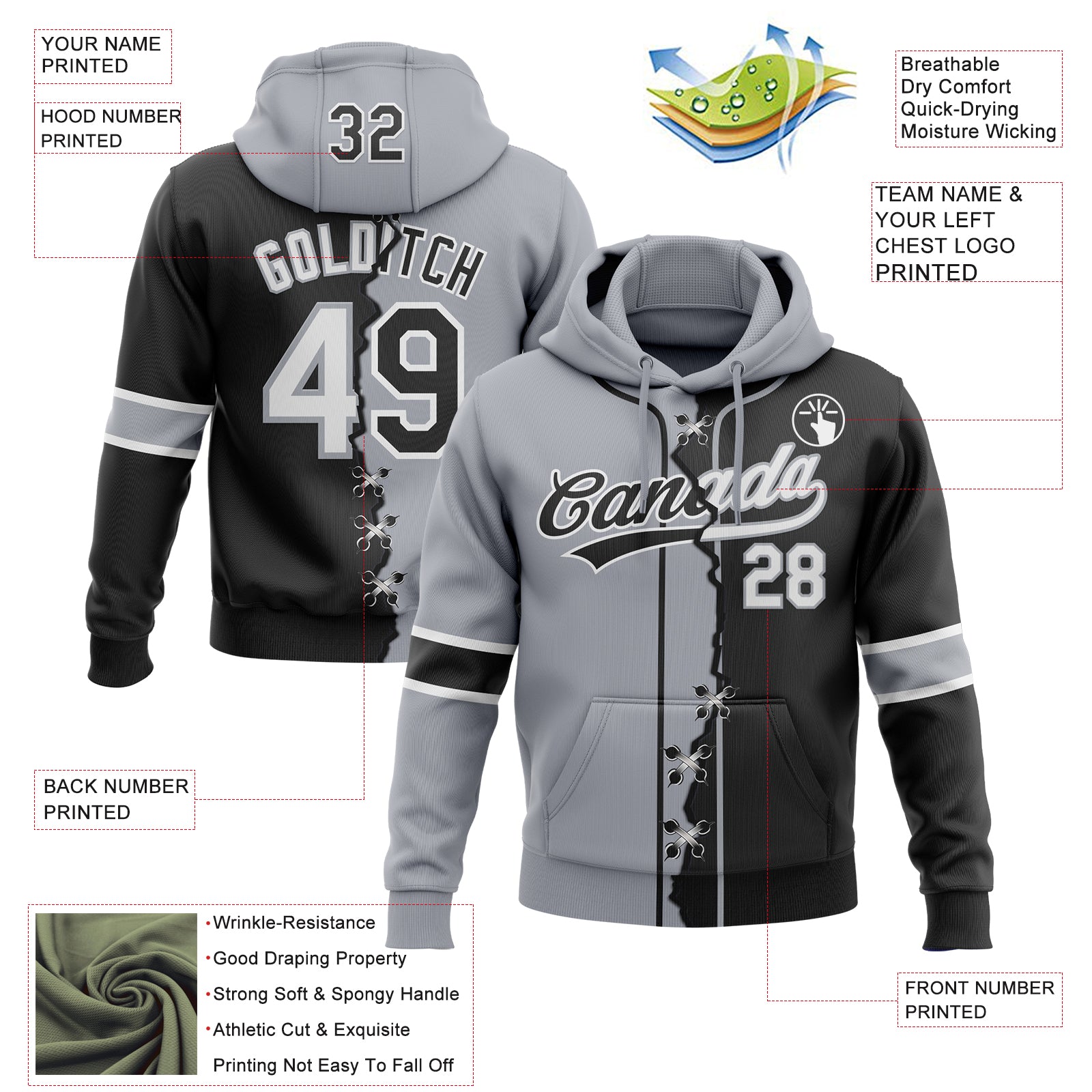 Custom Black Gray-White Split Ripped Pattern Baseball Pullover Sweatshirt Hoodie