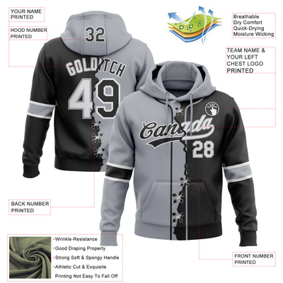 Custom Black Gray-White Split Ripped Pattern Baseball Pullover Sweatshirt Hoodie
