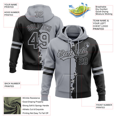 Custom Black Gray Split Ripped Pattern Baseball Pullover Sweatshirt Hoodie