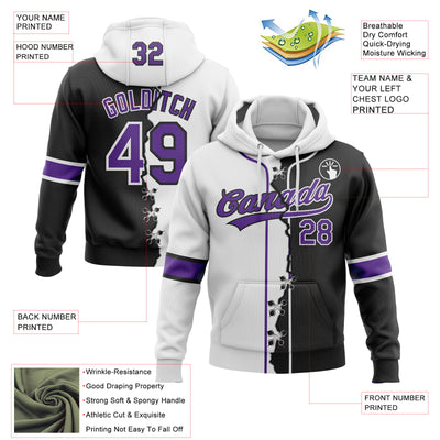 Custom Black Purple-White Split Ripped Pattern Baseball Pullover Sweatshirt Hoodie