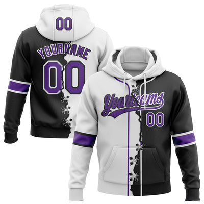Custom Black Purple-White Split Ripped Pattern Baseball Pullover Sweatshirt Hoodie