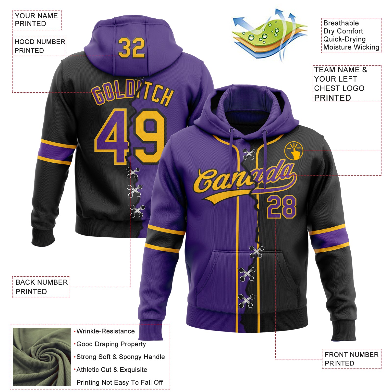 Custom Black Purple-Gold Split Ripped Pattern Baseball Pullover Sweatshirt Hoodie