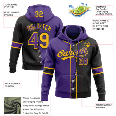 Custom Black Purple-Gold Split Ripped Pattern Baseball Pullover Sweatshirt Hoodie