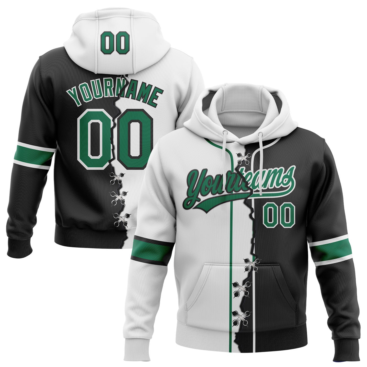 Custom Black Kelly Green-White Split Ripped Pattern Baseball Pullover Sweatshirt Hoodie