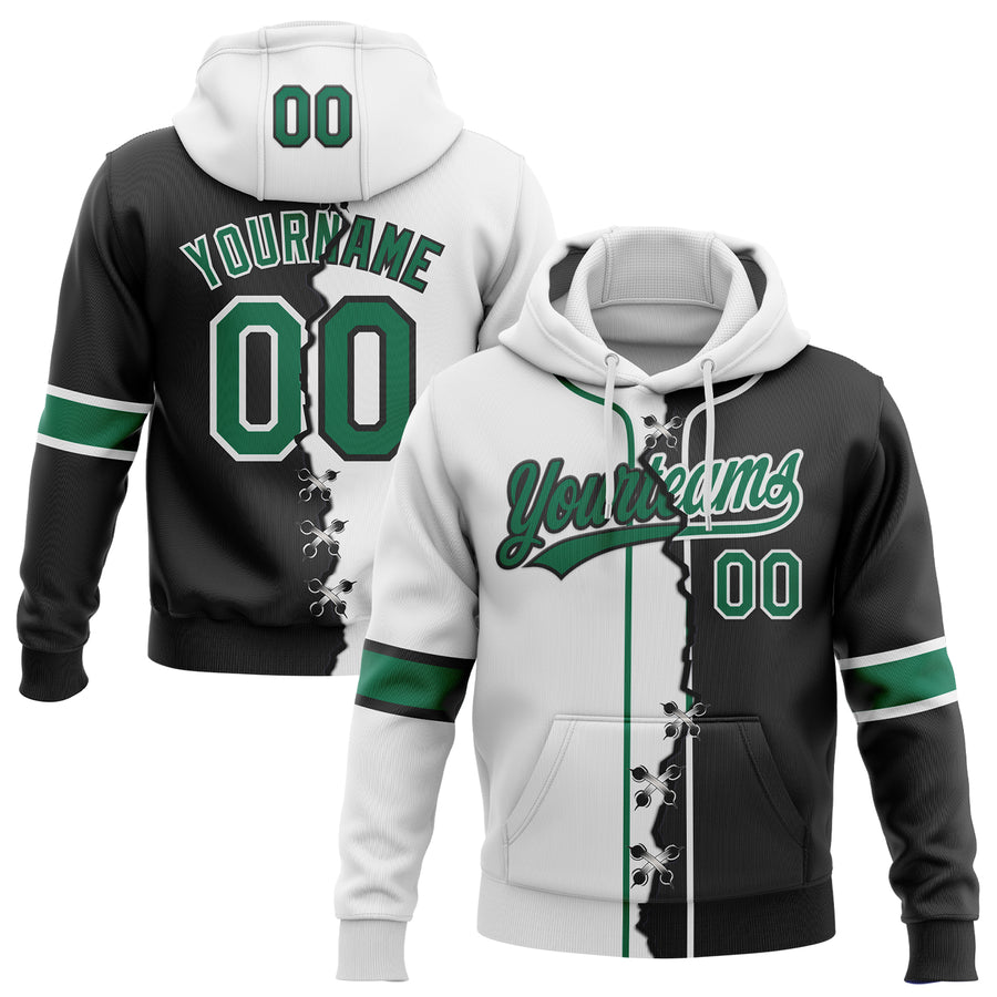 Custom Black Kelly Green-White Split Ripped Pattern Baseball Pullover Sweatshirt Hoodie