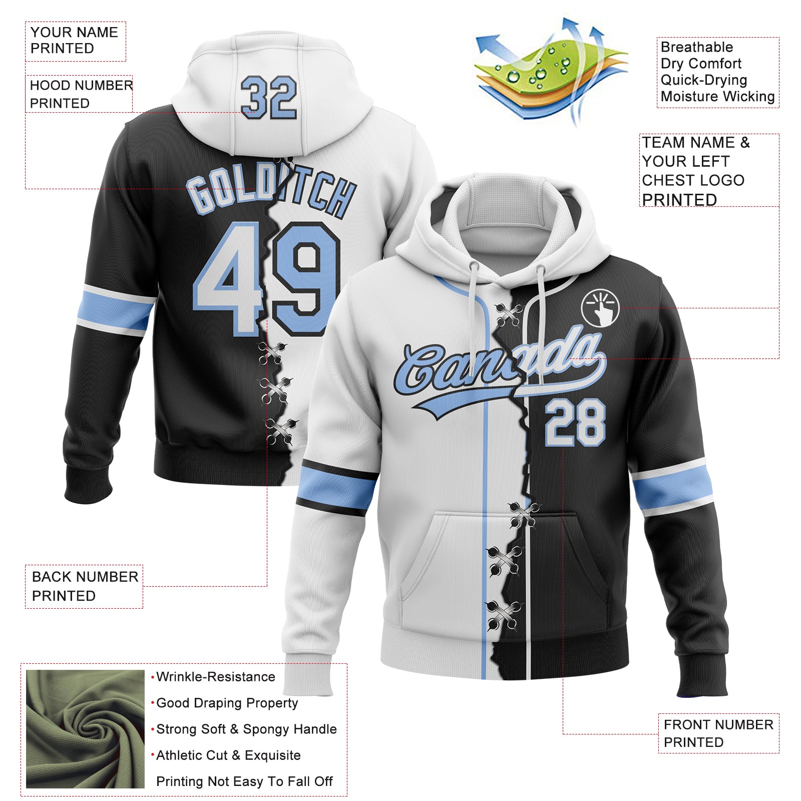 Custom Black Light Blue-White Split Ripped Pattern Baseball Pullover Sweatshirt Hoodie