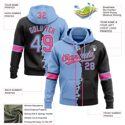Custom Black Light Blue Pink-White Split Ripped Pattern Baseball Pullover Sweatshirt Hoodie