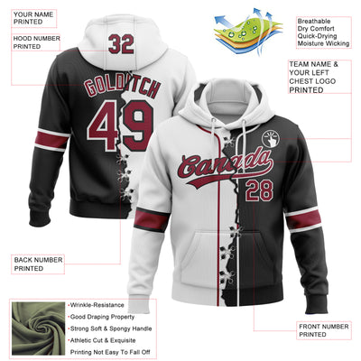 Custom Black Crimson-White Split Ripped Pattern Baseball Pullover Sweatshirt Hoodie