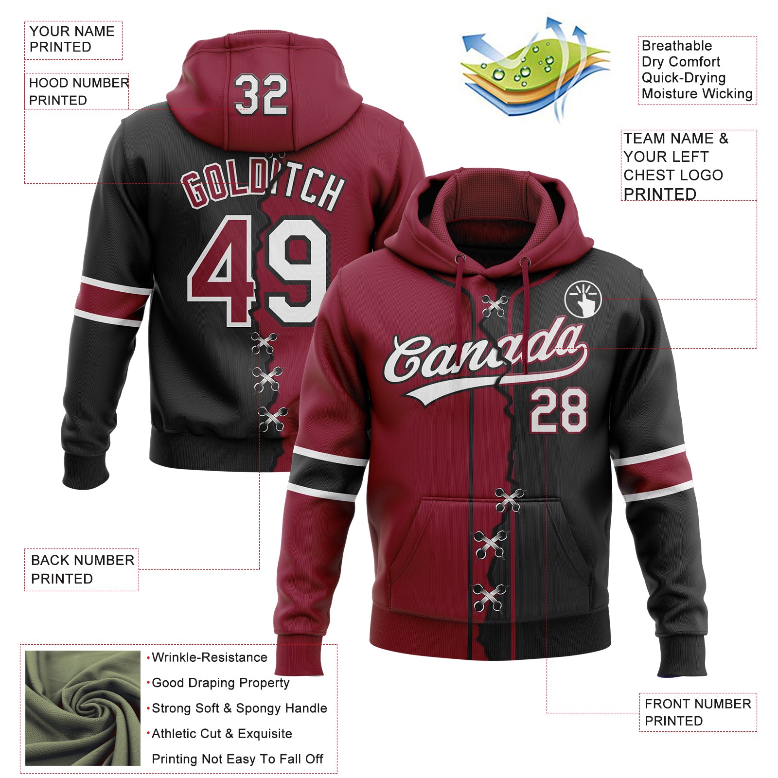 Custom Black White-Crimson Split Ripped Pattern Baseball Pullover Sweatshirt Hoodie