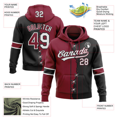 Custom Black White-Crimson Split Ripped Pattern Baseball Pullover Sweatshirt Hoodie