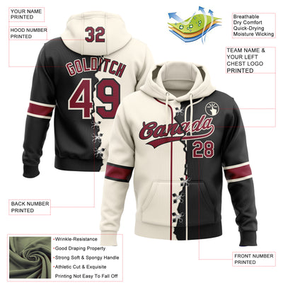 Custom Black Crimson-Cream Split Ripped Pattern Baseball Pullover Sweatshirt Hoodie