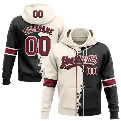 Custom Black Crimson-Cream Split Ripped Pattern Baseball Pullover Sweatshirt Hoodie