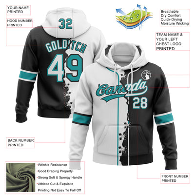 Custom Black White-Teal Split Ripped Pattern Baseball Pullover Sweatshirt Hoodie