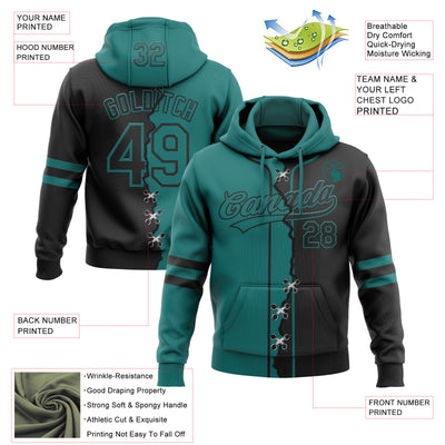Custom Black Teal Split Ripped Pattern Baseball Pullover Sweatshirt Hoodie