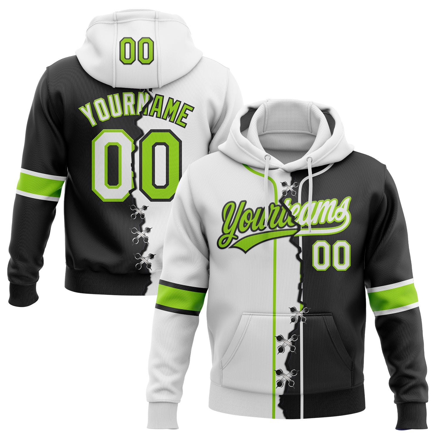 Custom Black White-Neon Green Split Ripped Pattern Baseball Pullover Sweatshirt Hoodie