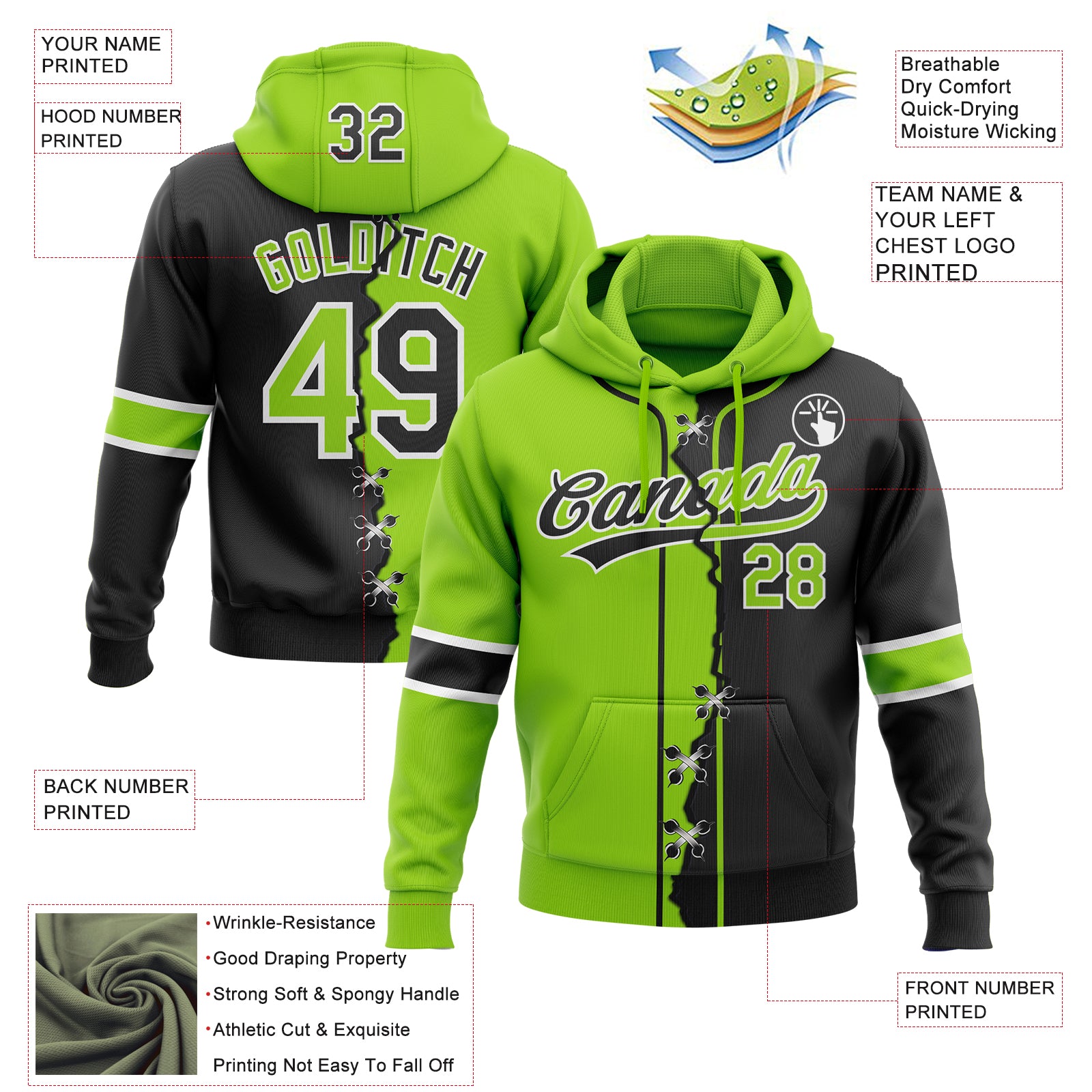 Custom Black Neon Green-White Split Ripped Pattern Baseball Pullover Sweatshirt Hoodie