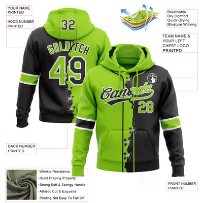 Custom Black Neon Green-White Split Ripped Pattern Baseball Pullover Sweatshirt Hoodie