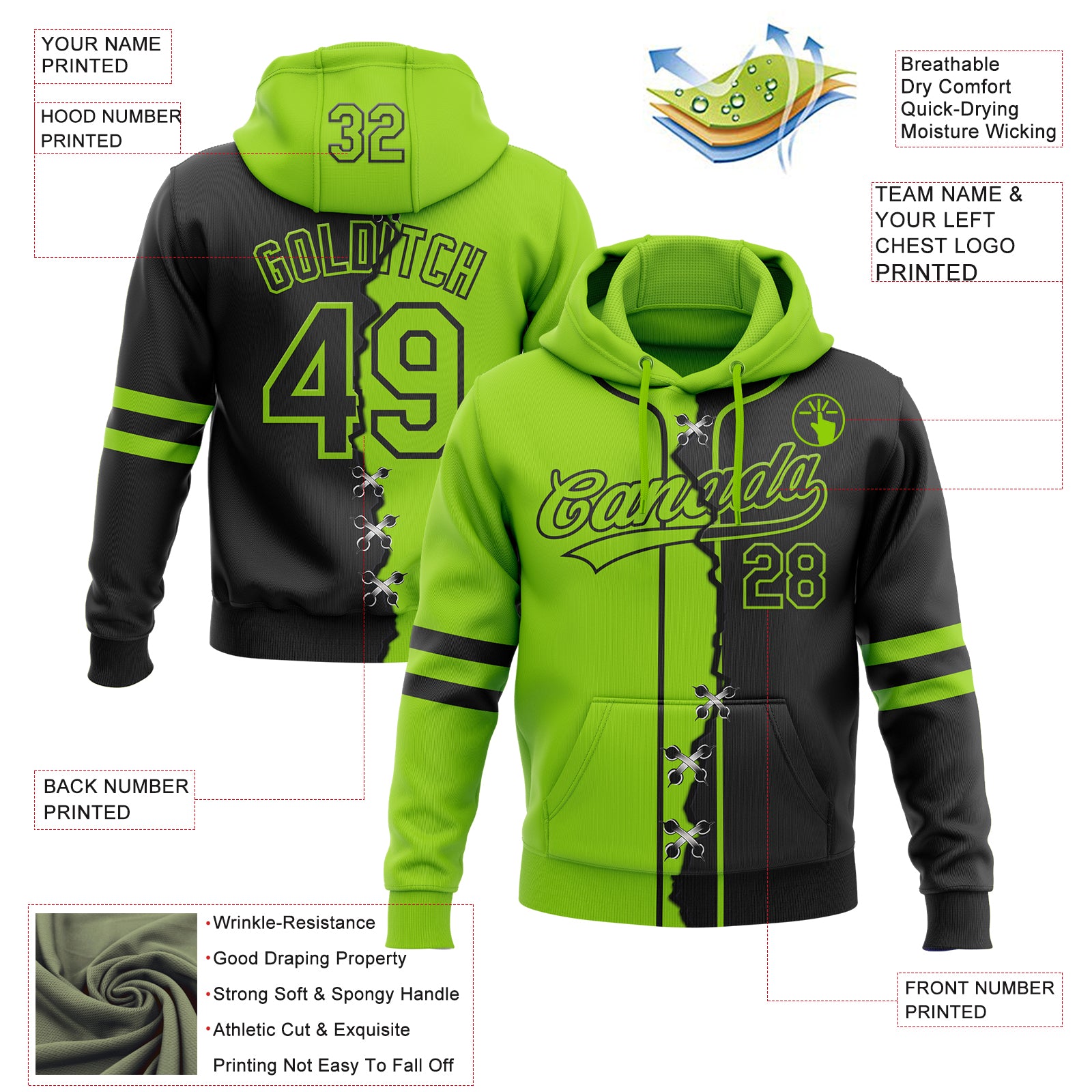 Custom Black Neon Green Split Ripped Pattern Baseball Pullover Sweatshirt Hoodie