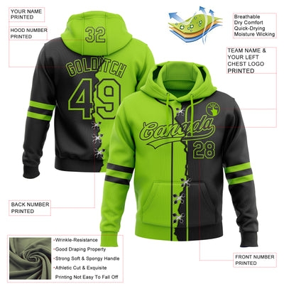 Custom Black Neon Green Split Ripped Pattern Baseball Pullover Sweatshirt Hoodie