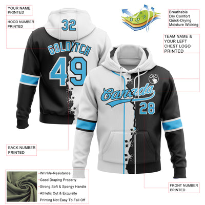 Custom Black Sky Blue-White Split Ripped Pattern Baseball Pullover Sweatshirt Hoodie
