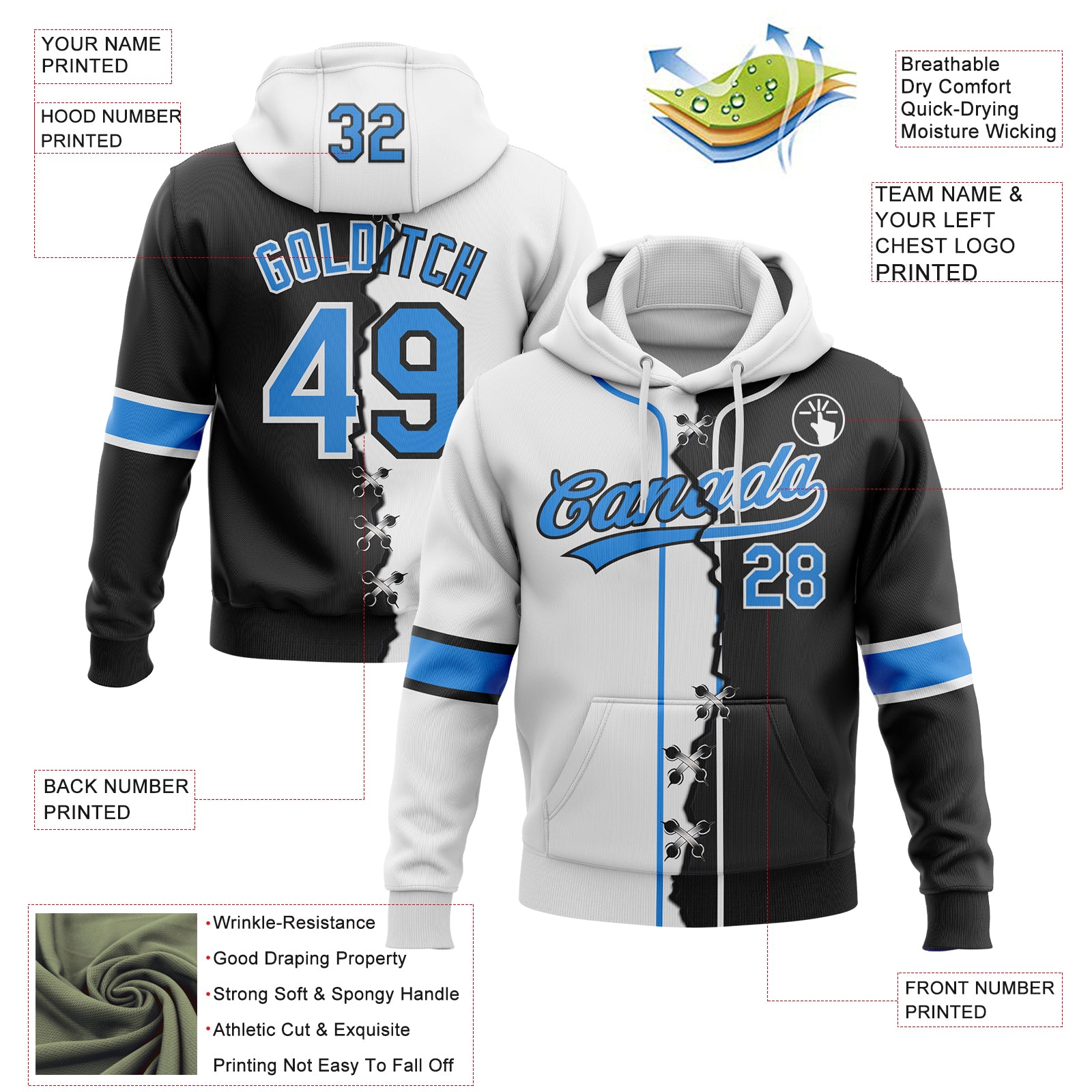 Custom Black Powder Blue-White Split Ripped Pattern Baseball Pullover Sweatshirt Hoodie