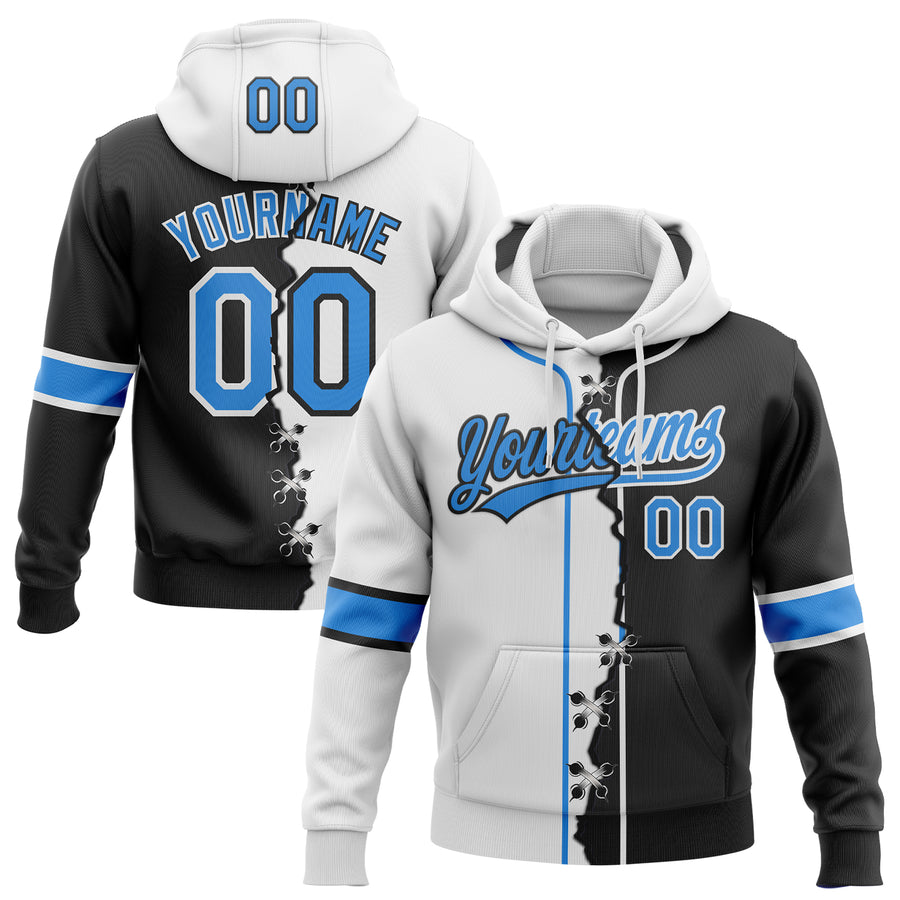 Custom Black Powder Blue-White Split Ripped Pattern Baseball Pullover Sweatshirt Hoodie