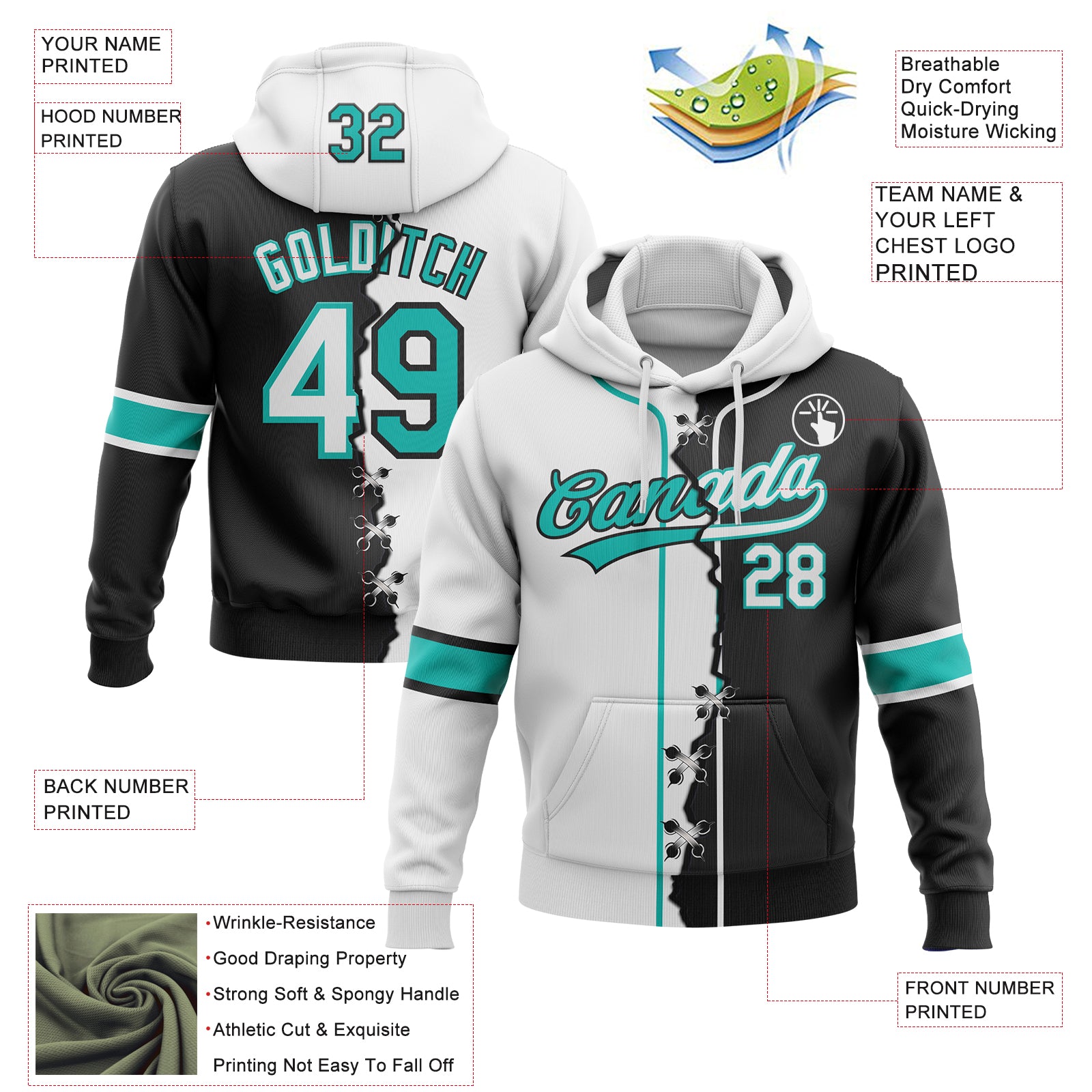 Custom Black White-Aqua Split Ripped Pattern Baseball Pullover Sweatshirt Hoodie