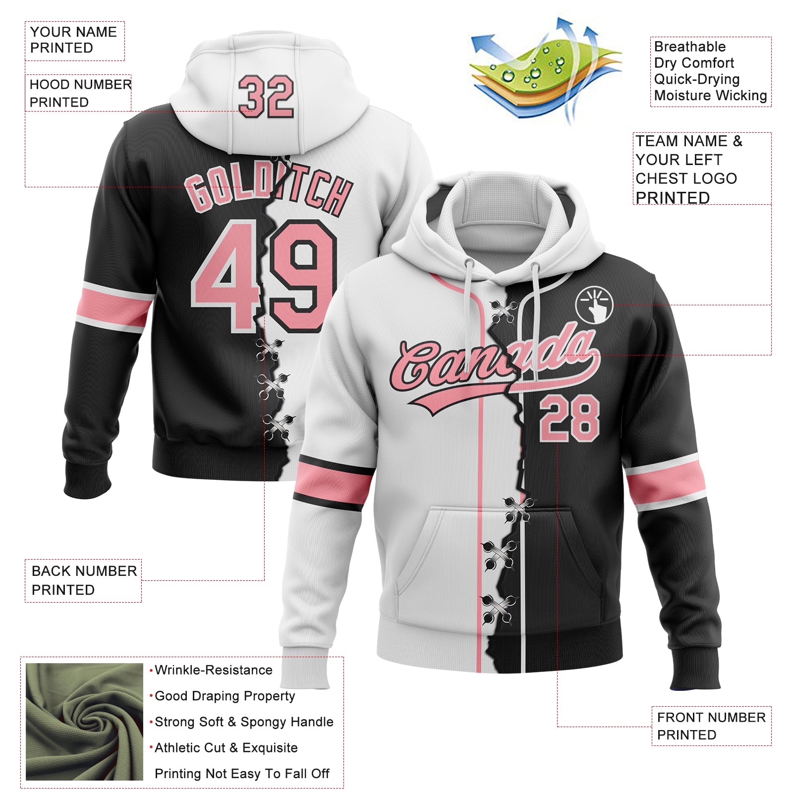 Custom Black Medium Pink-White Split Ripped Pattern Baseball Pullover Sweatshirt Hoodie