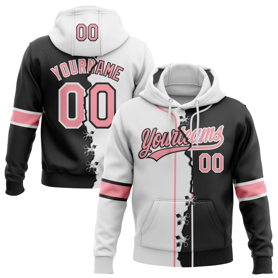 Custom Black Medium Pink-White Split Ripped Pattern Baseball Pullover Sweatshirt Hoodie