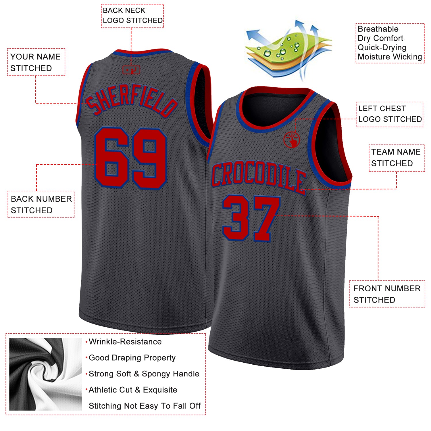 Custom Steel Gray Red-Royal Authentic Basketball Jersey