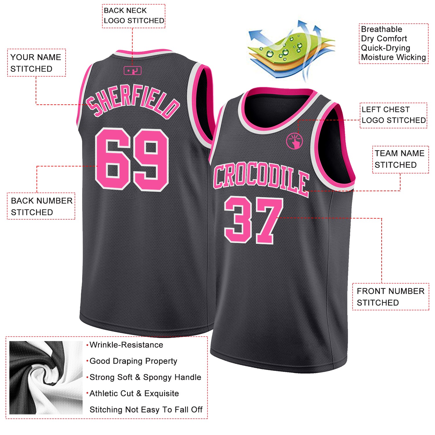 Custom Steel Gray Pink-White Authentic Basketball Jersey
