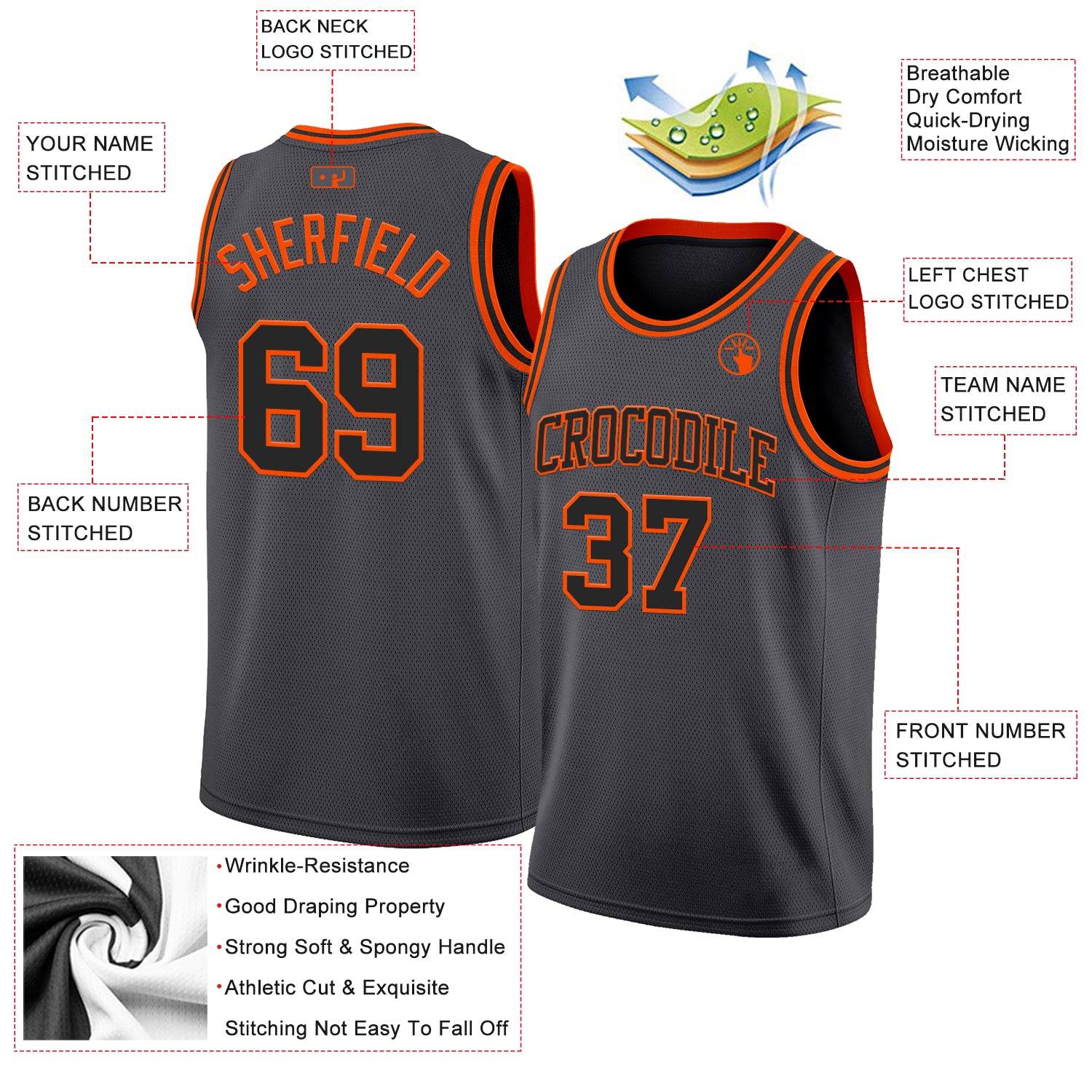 Custom Steel Gray Black-Orange Authentic Basketball Jersey