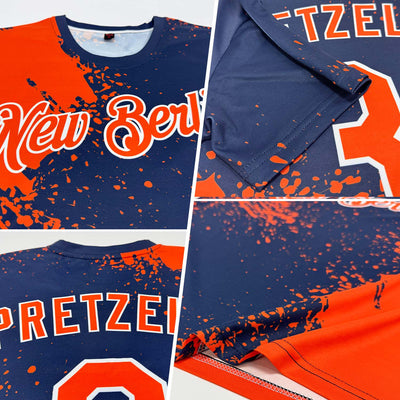Custom Orange Navy-White 3D Pattern Design Abstract Brush Stroke Performance T-Shirt