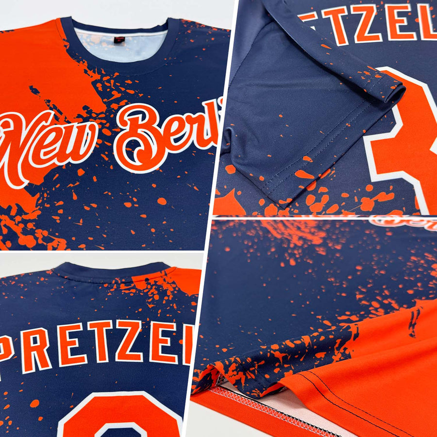 Custom Orange Navy-White 3D Pattern Design Abstract Brush Stroke Performance T-Shirt