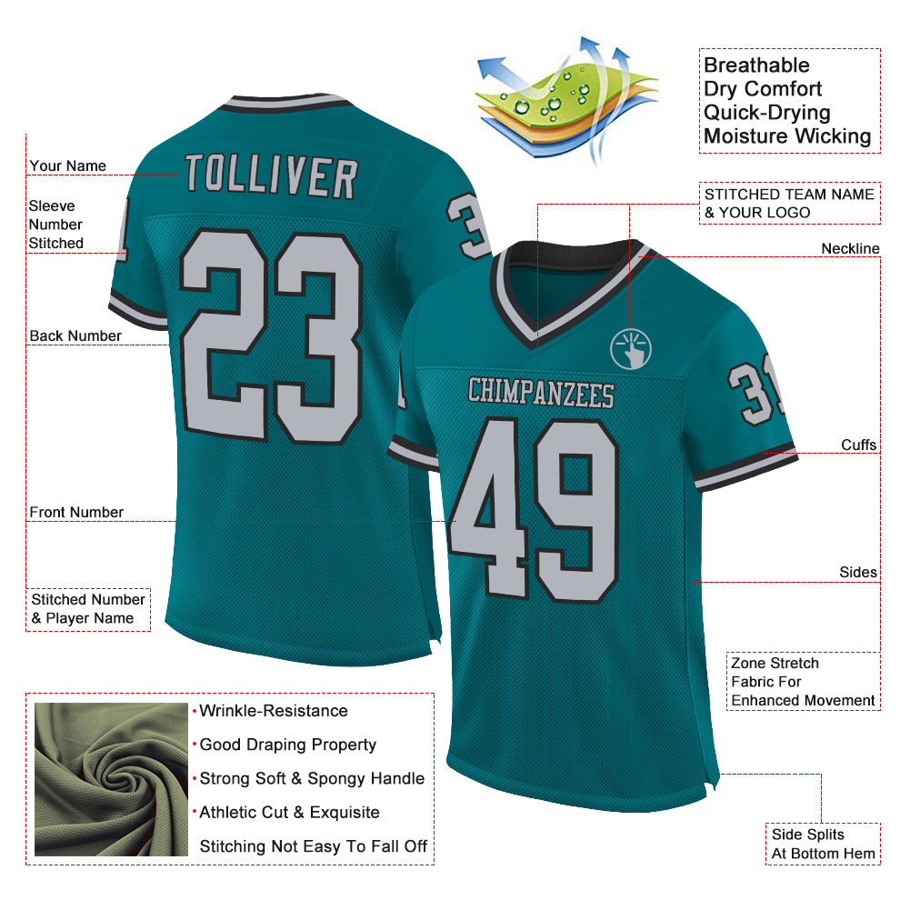 Custom Teal Gray-Black Mesh Authentic Throwback Football Jersey