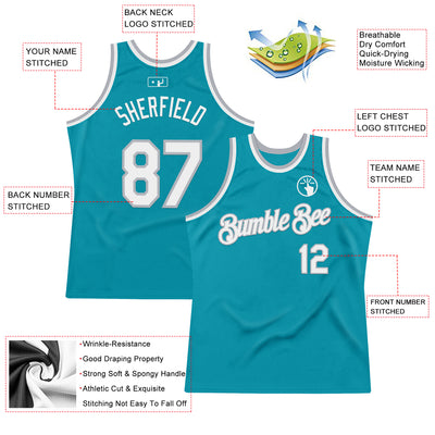Custom Teal White-Gray Authentic Throwback Basketball Jersey