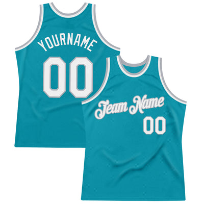 Custom Teal White-Gray Authentic Throwback Basketball Jersey